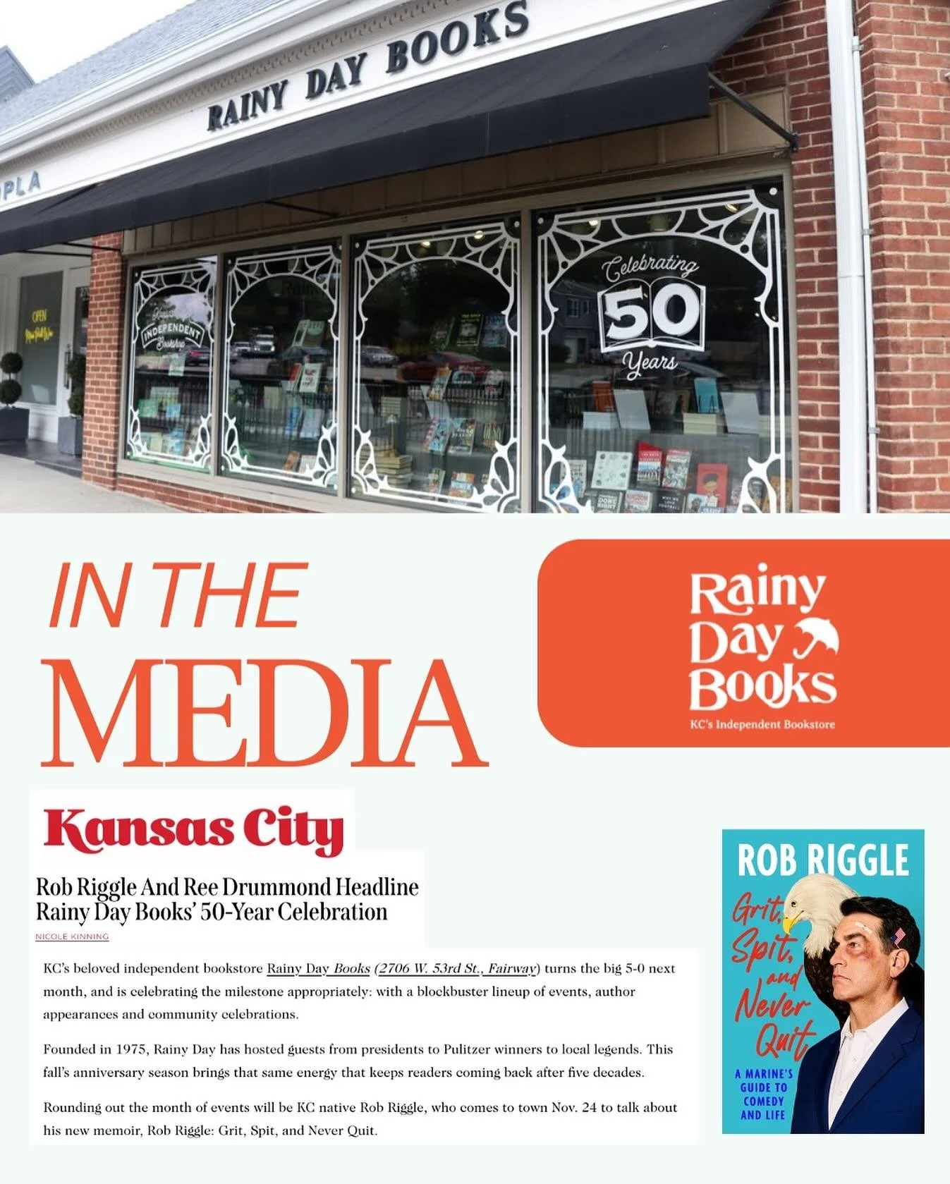 Big birthday. Big laughs. Big love for KC. 💛
@rainydaybooks turns 50 and hometown legend @robriggle is coming back to celebrate!
Stay tuned&hellip; we&rsquo;ve got more good stories where this came from. 😉
