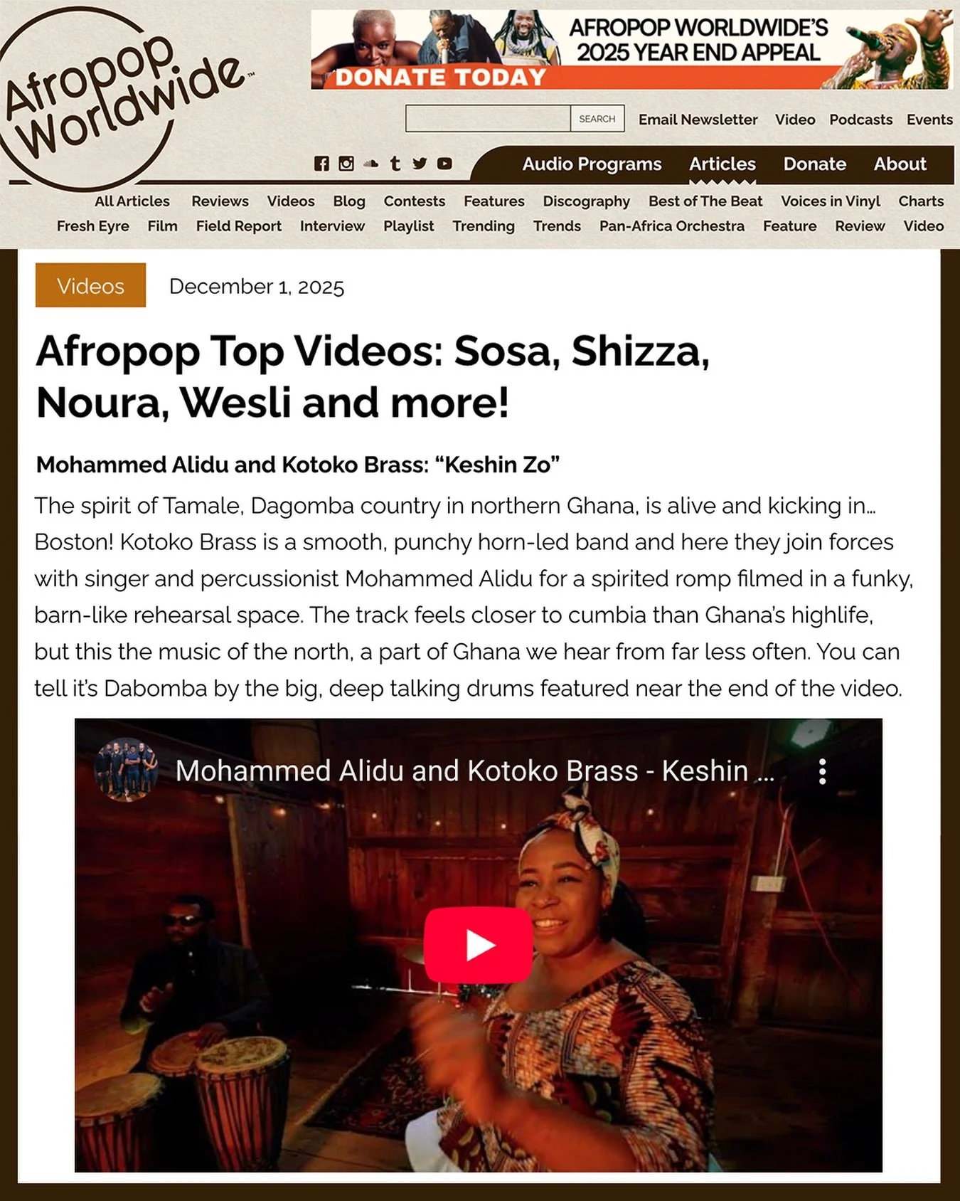 Grateful to @afropopworldwide for placing us on their Afropop Top Videos playlist 🙏🌍🎶🔥 Humbled to be in the company of @omarsosamusic @iamshizzi @nouramintseymali @wesli_officiel and so many other Afropop legends. Full playlist at afropop.org ✨