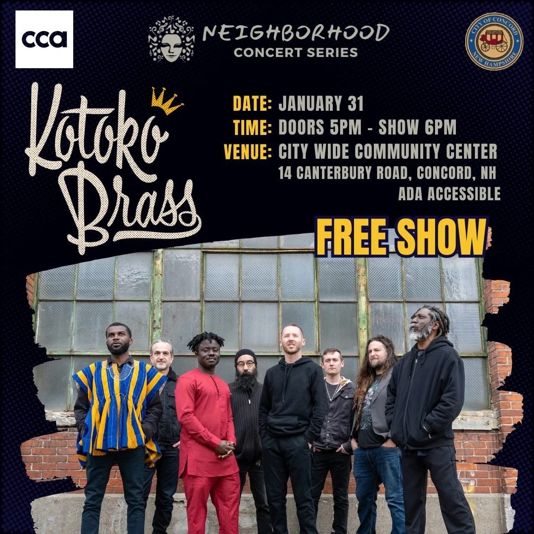 SATURDAY 1/31 &mdash; @kotokobrass returns to the Granite State for a free show with the @cca_nh Neighborhood Concert Series! Warm up your winter with joyful percussion-fueled dance music from Ghana 🇬🇭 🌴