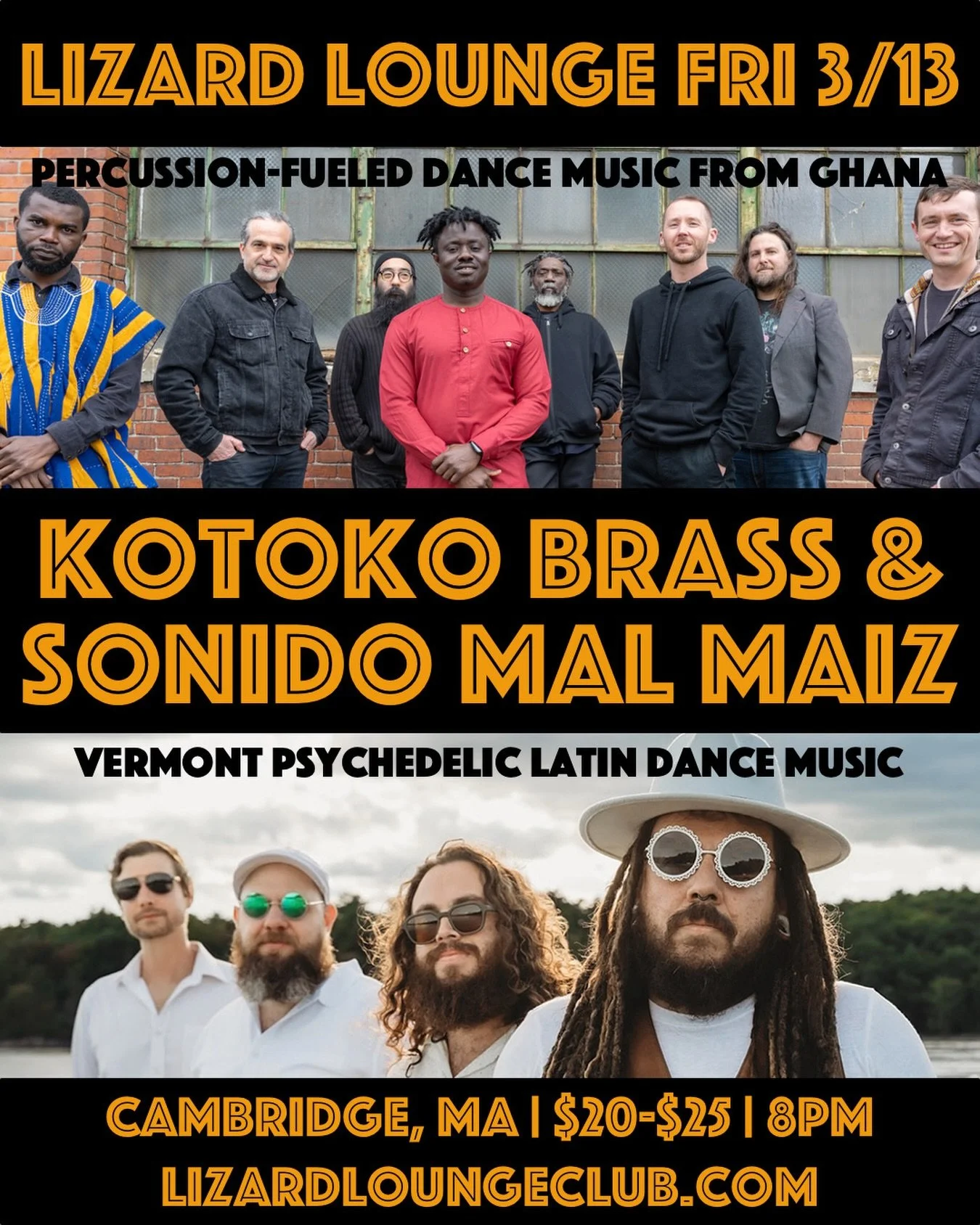FRI 3/13 &mdash; join us for a night of West African &amp; psychedelic Latin music at @lizardloungeclub with @kotokobrass and @sonido_mal_maiz 🔥
