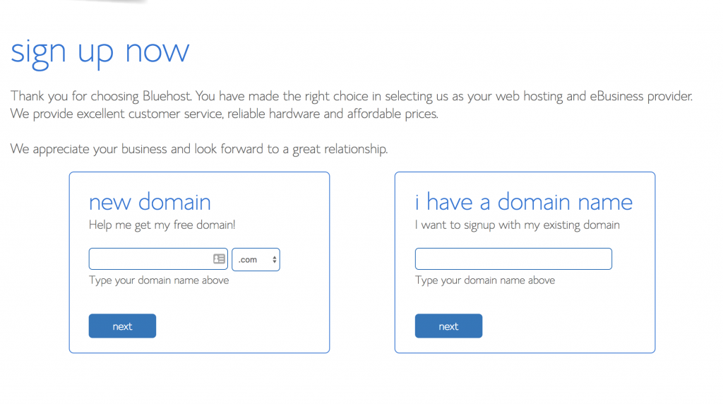 If you already have a domain, you can enter it here. One big positive to Bluehost is that it does include a free domain with your hosting plan, so if you need a new domain, enter it in the New Domain box. Alternately if you already have a domain registered, you can get another free domain (eg. www.GLAMOURGIRL.net) which can then be pointed to your primary domain as well. Just keep in mind that you will be charged for this new domain registration at the end of your free year so I do not recommend adding an extra domain, there’s no need . You do NOT need to actually transfer your domain to Bluehost if it is registered elsewhere, if Top Notch Creative is your blog or site designer, we will point your domain to Bluehost for you. Final step: