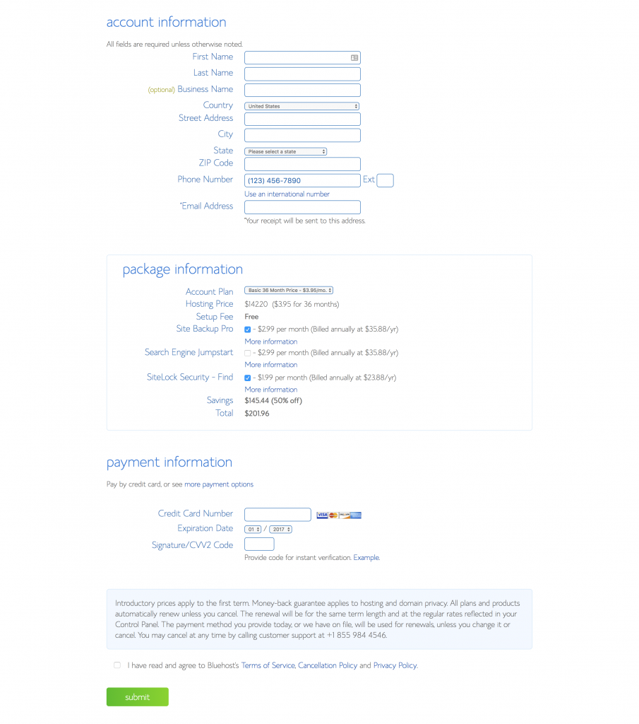 Just fill out the account information and your credit card information. We do highly recommend adding Sitelock and Site Backup as well as Domain Privacy to your account. Keep in mind the credit card will be charged if you choose autorenew (recommended). Bluehost will send you a confirmation email with your login information and other basic information, keep this email for your records (Top Notch Creative is not responsible for hosting or domain updates or renewals, each client will have their own hosting and domain registration). And that’s it! Top Notch Creative will take care of installing WordPress for you and pointing your domain to your Bluehost hosting.