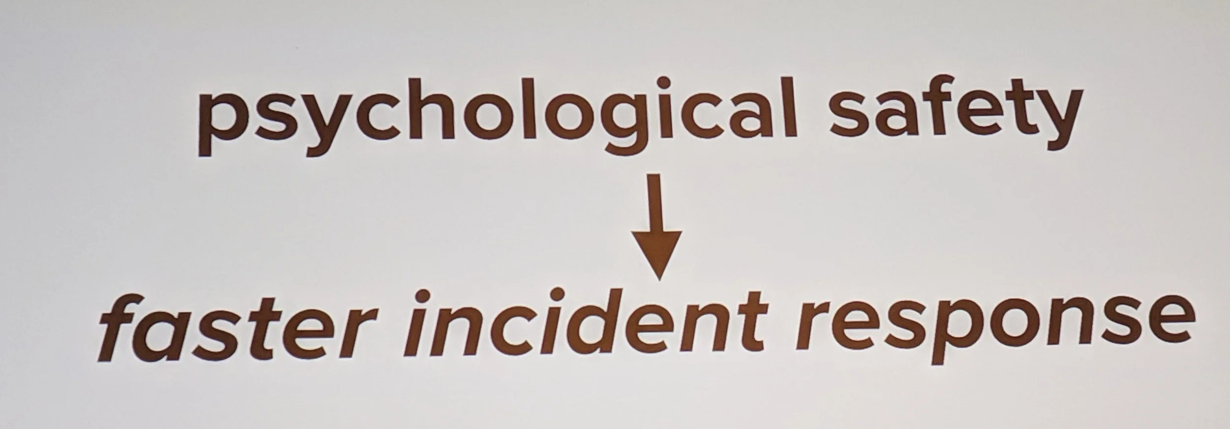 Psychological safety leads to faster incident response. From Logan McDonald’s SRECon talk, “ Optimizing for Learning”.