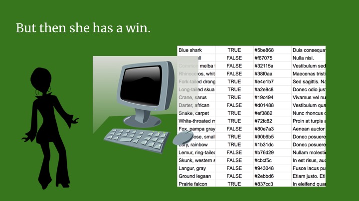  Then she gets her first win. A customer comes in with a request: they want data that the API really should be able to provide but the team hasn't prioritised this feature yet. Our friend here spends a couple of days manually getting the data the cus