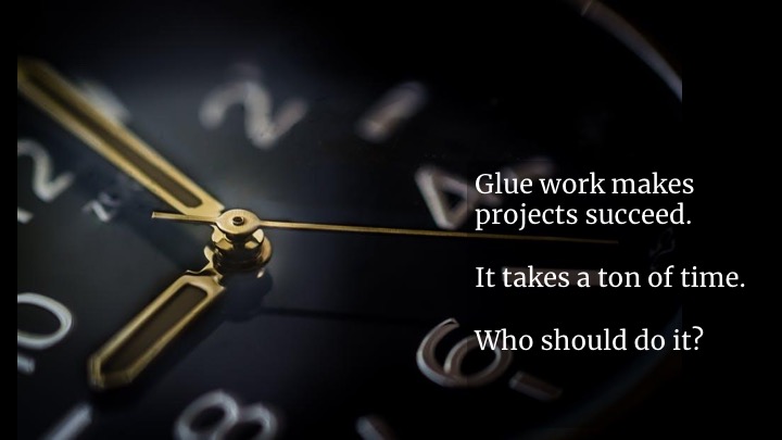 Glue work is the difference between a project that succeeds and one that fails. This is why technical program managers and project managers make such an impact: they do the ultimate glue role. They see the gaps and fill them. In teams without a pro
