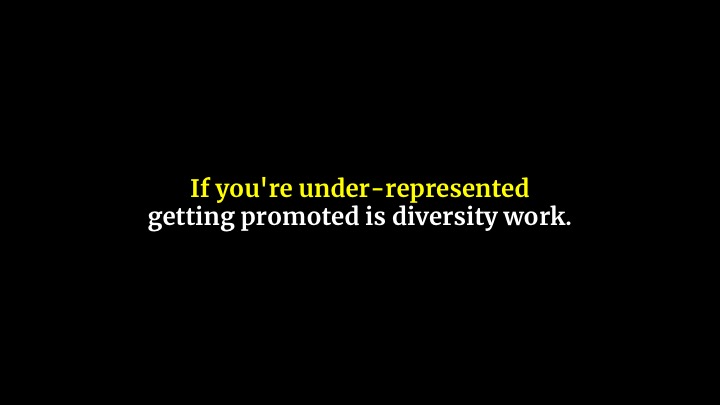 Getting promoted is diversity work. Being visibly successful is the most powerful diversity work she can do. She can be the representation someone needs. She can be in a much better position for mentorship and sponsorship. But she needs free time in her calendar to get there.