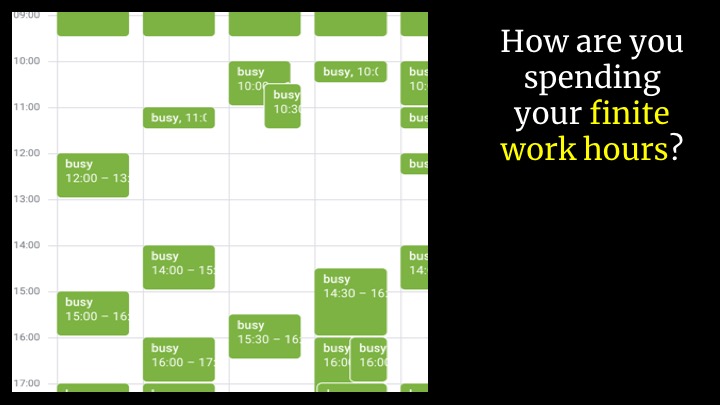 …to this. (And ideally better than this, but this is the best I could make my calendar look to do a screenshot :-)) Those big empty spaces are good to block out for project work, coding, writing designs and so on. And that work will have a side eff