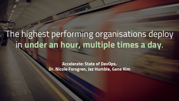 ...the State of DevOps report (which I recommend reading) high performing teams do move quickly. The report says that highest performing companies deploy 46 times as often as the lowest performing. They can push in under an hour and roll back really quickly. There's a ton of advantage and flexibility to being able to move quickly. You can respond to things your customers want. You can take small risks, secure in the knowledge that you can recover quickly if there's a mistake. It's great to be able to go fast. So long as you’re going in the right direction. But if you’re going in the wrong direction, going fast just makes you wronger. As Peter Drucker famously said..