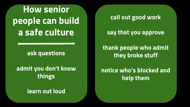 And be reassuring when people break things and tell them the story of times you've broken stuff. (If you claim you're senior and have never broken things, I don't believe you.) Notice when people are blocked because they're procrastinating or because projects are too hard. Help them get unblocked. We’ll talk more in a minute about how to do that.