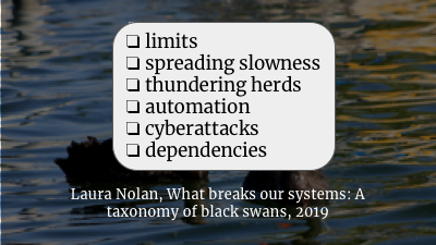 Her taxonomy was: hitting limits, hidden or otherwise; slowness that spreads; thundering herds; automation getting out of control; cyberattacks; and dependency problems. And she's got great advice for how to think about each of them. It's a wonderful talk. These black swan events that she mentions are, by definition, unpredictable. When something big like this happens though, we can find ourselves asking "shouldn’t we have seen this coming?"