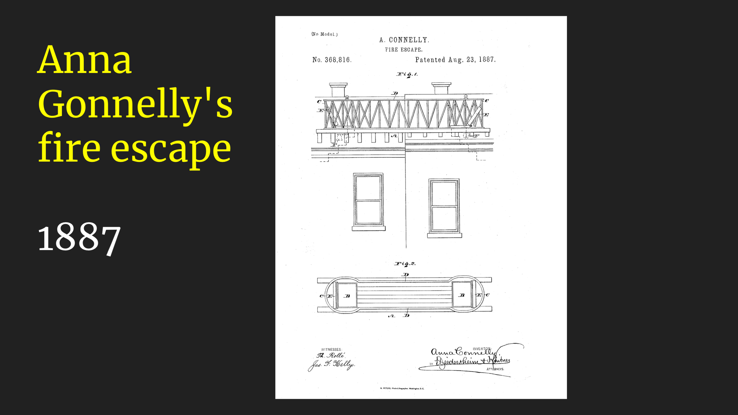 Anna Gonnelly's fire escape was a bridge that you could sling from your roof to another building. It had side rails, so it was only moderately terrifying.