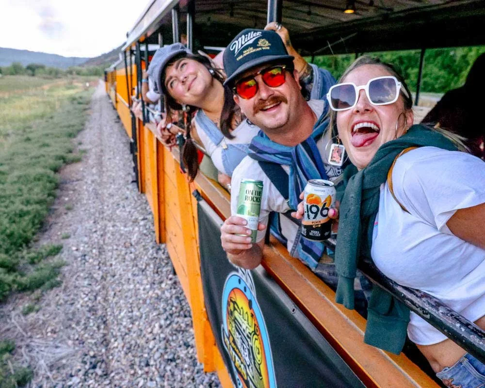 Passengers smile and raise drinks while riding in the open-air gondola aboard the Durango Blues Train, enjoying live blues music, fresh mountain air, and scenic views through the San Juan Mountains.