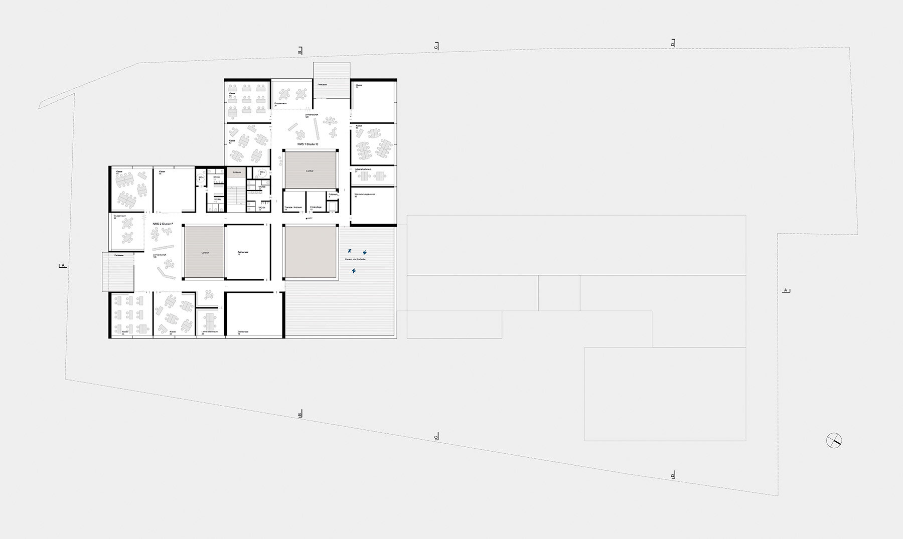 Level 2 Plan. Each Cluster is organized around a learning landscape adjacent to an inner courtyard.