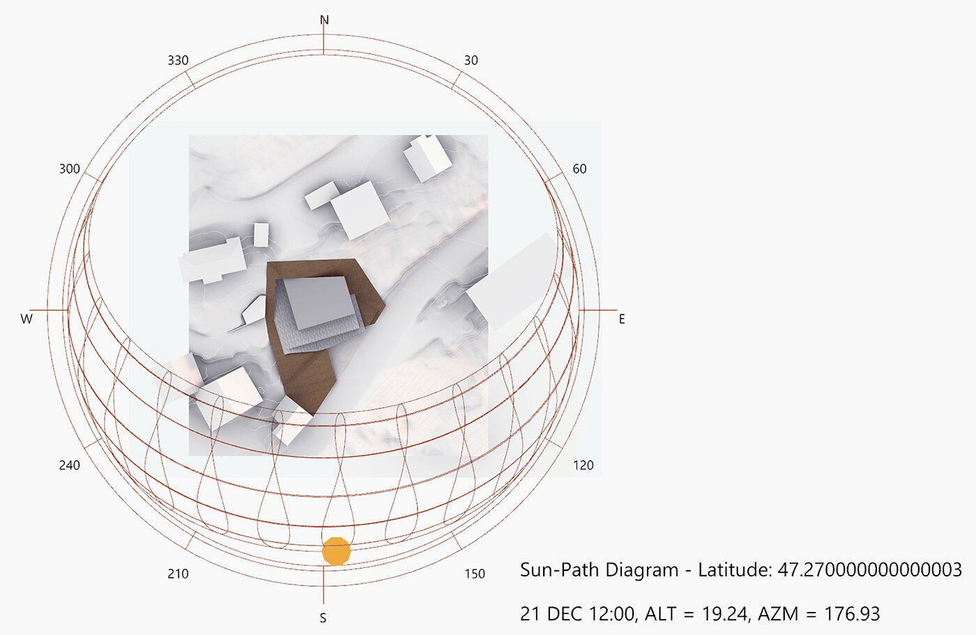 Annual sun-path diagram for the specific site location. The building is orientet to maximise sunlight exposure. 