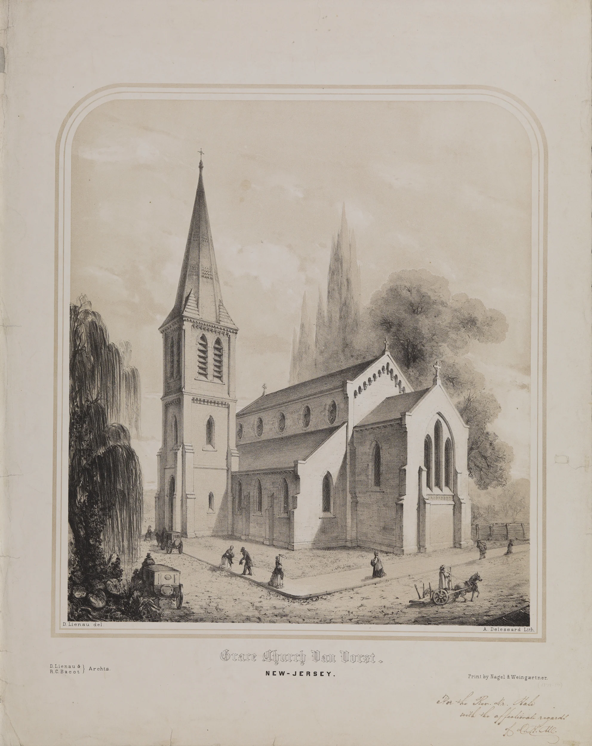 Grace Church Van Vorst. | New-Jersey. D. Lienau del. A. Delessard, Lith. | D. Lienau & R. C. Bacot } Archts. | Print by Nagel & Weingærtner.