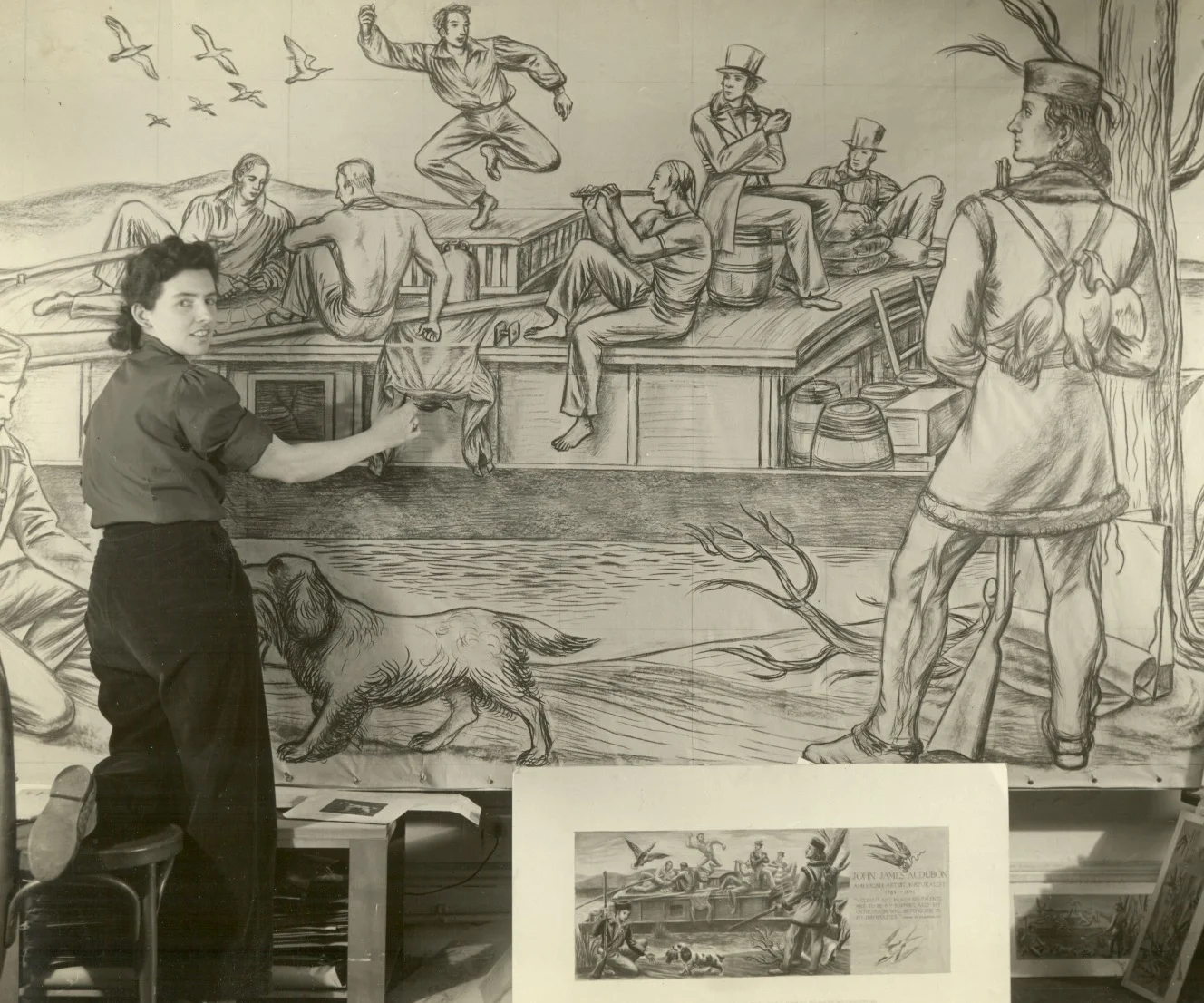 Snedeker and the mural, Virginia Snedeker (1909–2000), May, 1942.