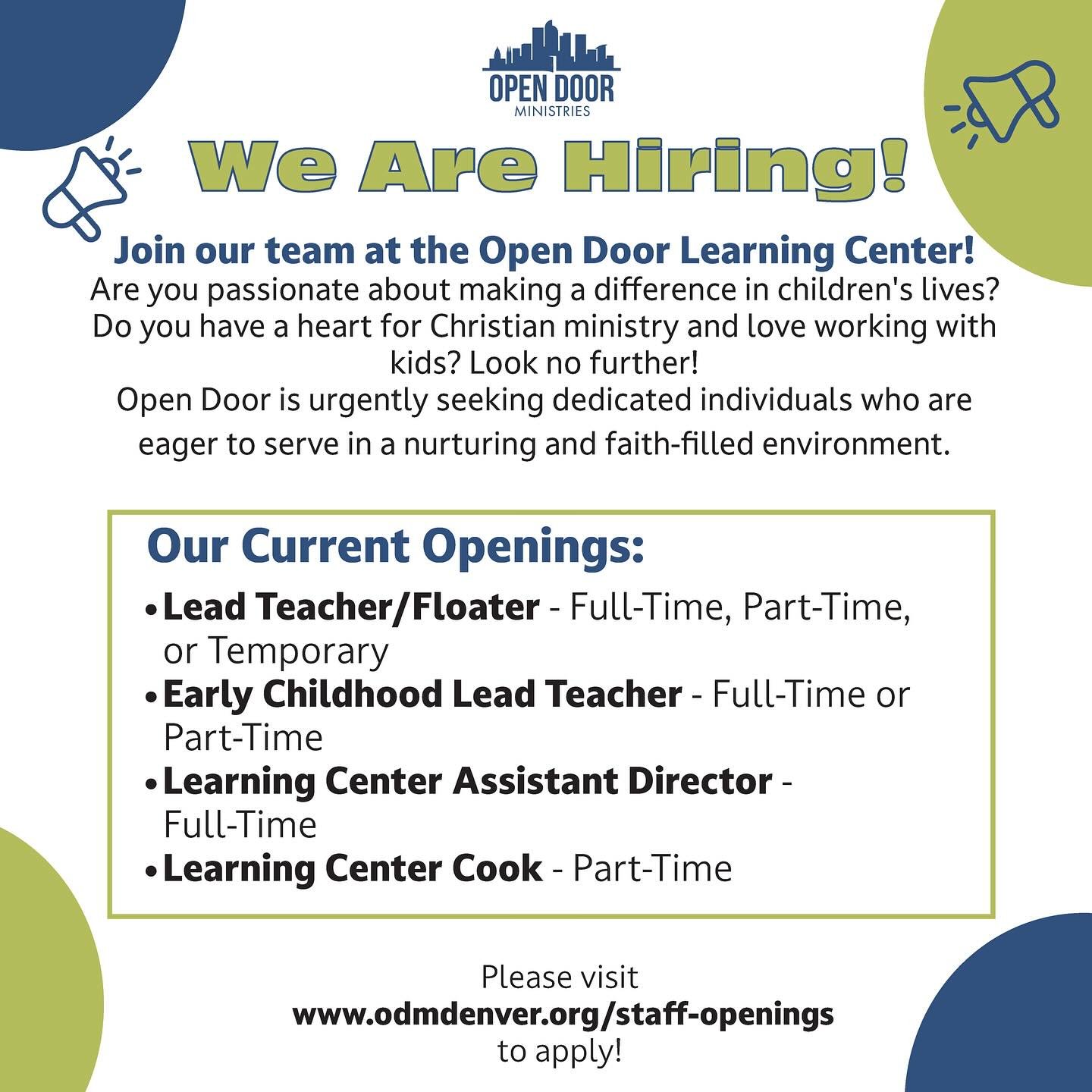 🚨HELP WANTED🚨
We are urgently hiring for multiple positions in our Learning Center:
⭐️ Lead Teacher/Floater
⭐️ Early Childhood Lead Teacher
⭐️ Learning Center Assistant Director 
⭐️ Learning Center Cook

Join our passionate team and make a differen