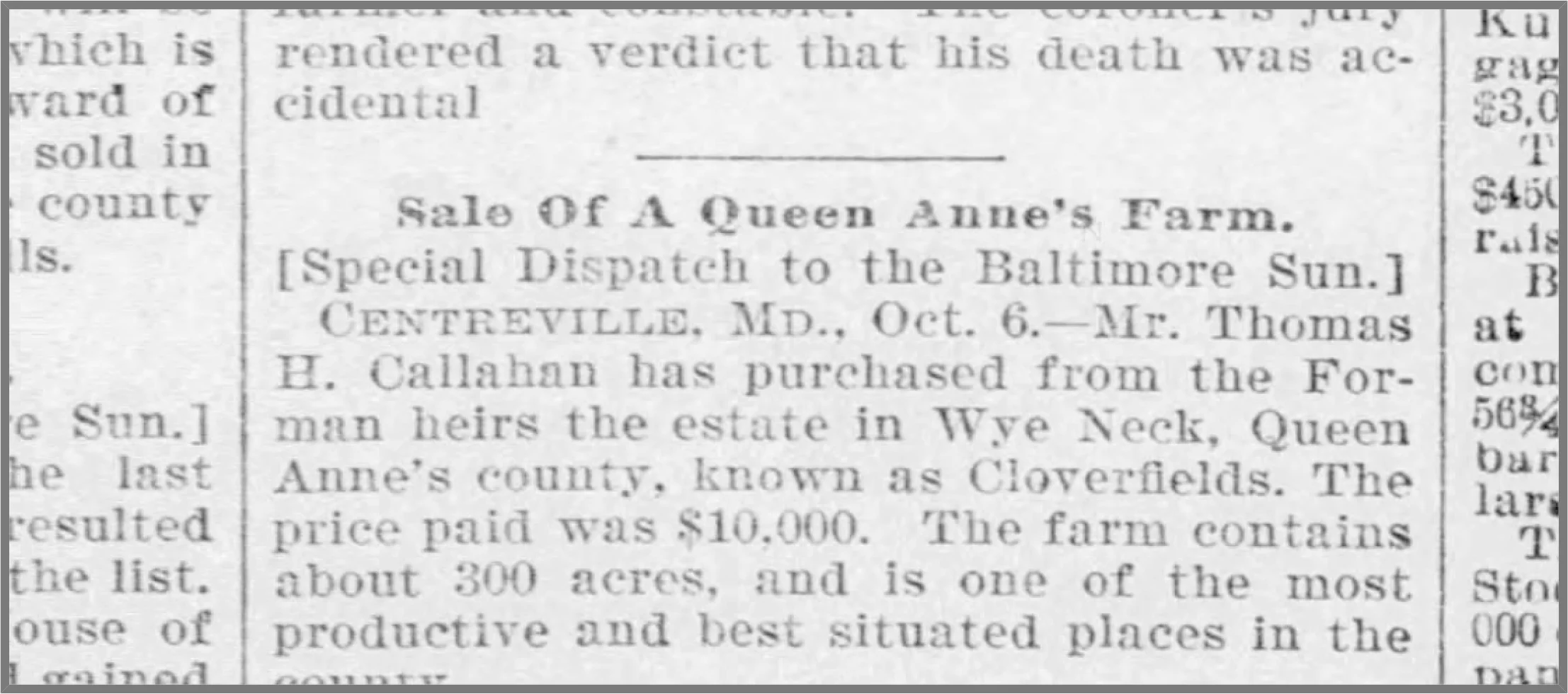 An announcement clipped by Sherri Marsh Johns from the October 7, 1897 edition of the baltimore sun.