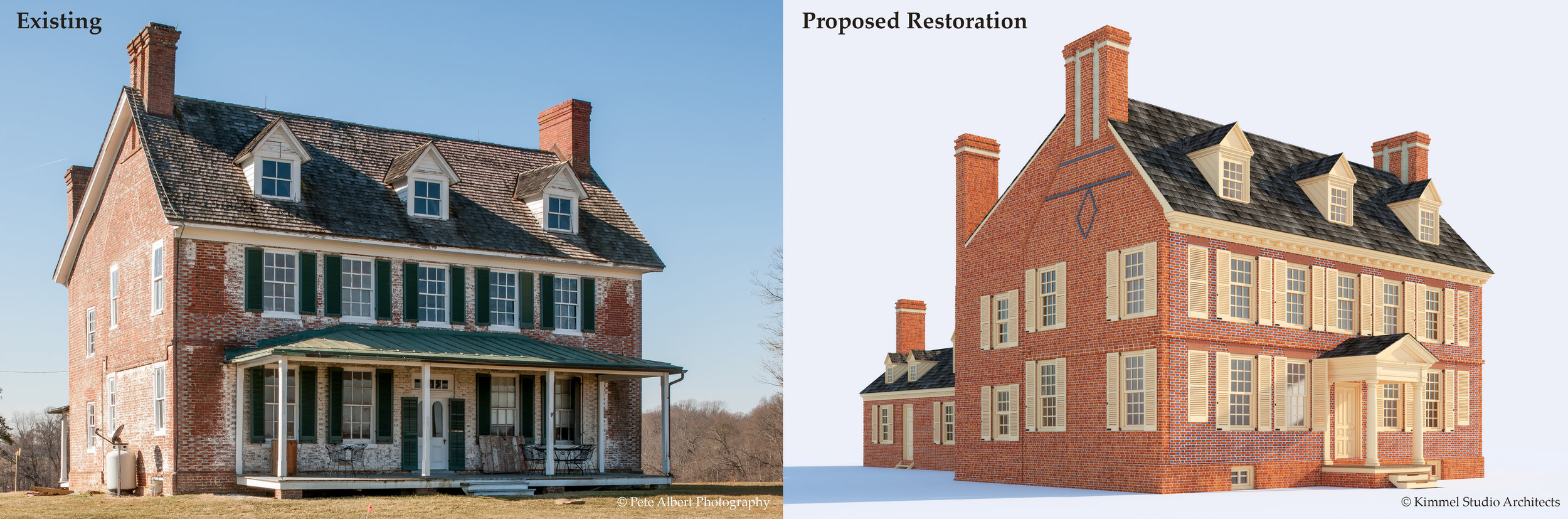 North-east view of Cloverfields. / left (“Existing”): Photograph: Pete Albert, 2018. / Right (“Proposed Restoration”): 3D conceptual rendering “cloverfields c. 1784 (north-east),” by Kimmel Studio architects, 2018. note, Rendering is still preliminary and is subject to change.