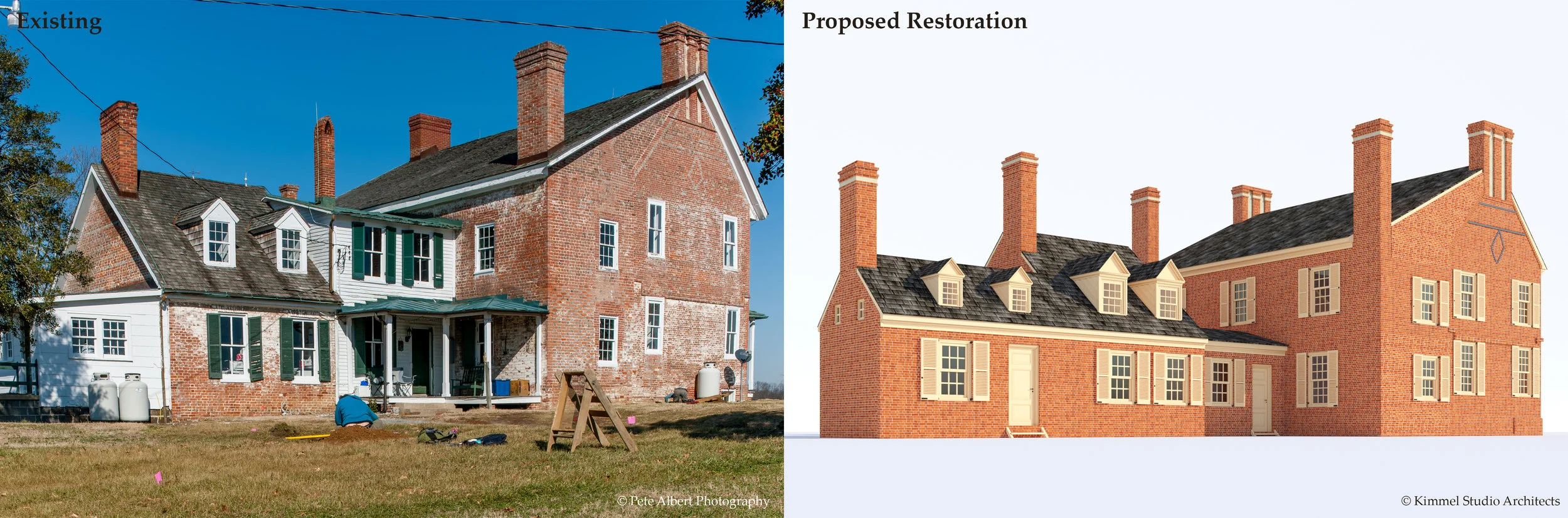 South-east view of Cloverfields. / Left (“Existing”): Photograph: Pete Albert, 2018. / right (“Proposed Restoration”): 3D conceptual rendering “cloverfields c. 1784 (south-east),” Kimmel Studio architects, 2018. note, Rendering is still preliminary and is subject to change.