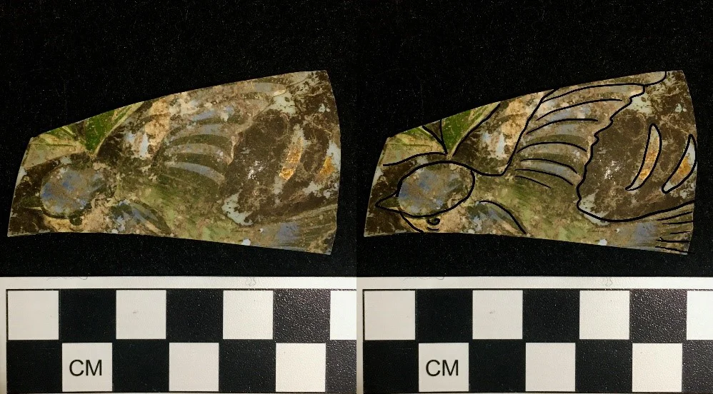 figure 1. left: enameled glass from the basement, cloverfields. the black/brown discoloration surrounding the bird is a result of the glass beginning to break down (referred to as patination) and is not part of the original finish. right: decorative enamel elements outlined in black for visibility.
