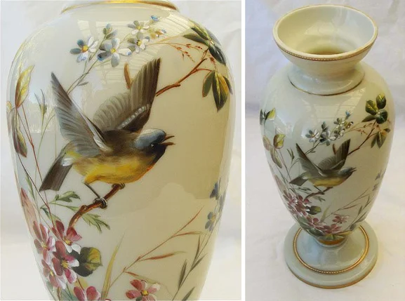 figure 2. glass vase with enamel painted bird attributed to harrach. privately owned, images from collectors weekly online.