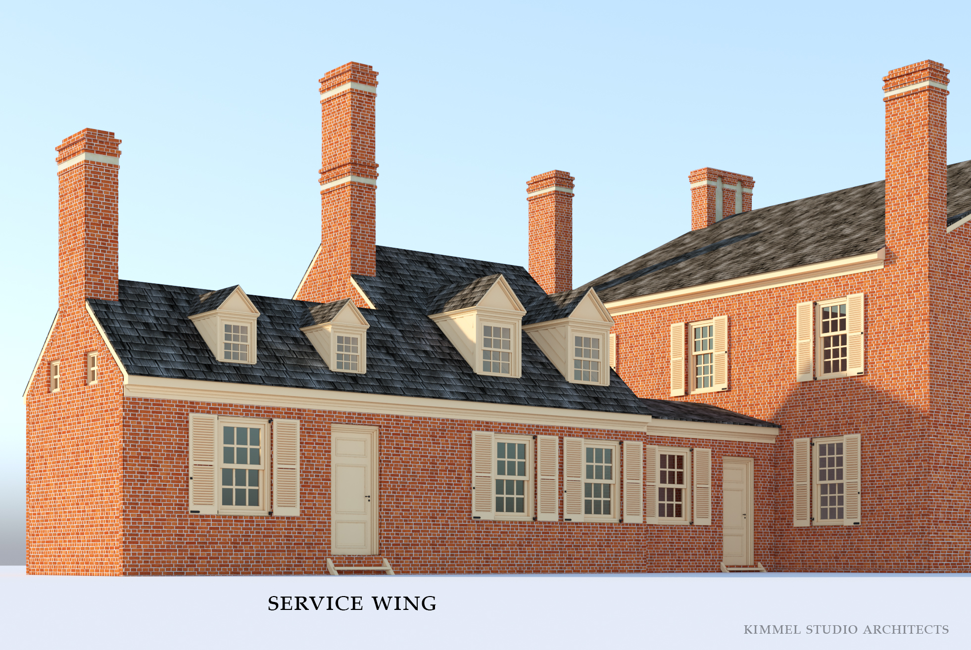 Conceptual illustration of the 1784 cloverfields service wing. It consists of a kitchen, service building, and hyphen. / Design and rendering: Kimmel Studio Architects.