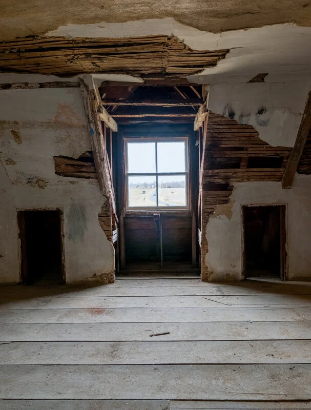 Photo of the attic showing the heavily modified 1705 dormers as they were in 2018.  photo by pete albert, 2018.