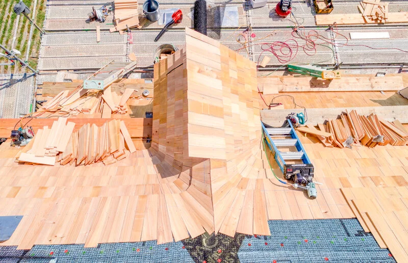 Process photo of the cloverfields main house dormer reconstruction. Phot by Pete albert, 2020.