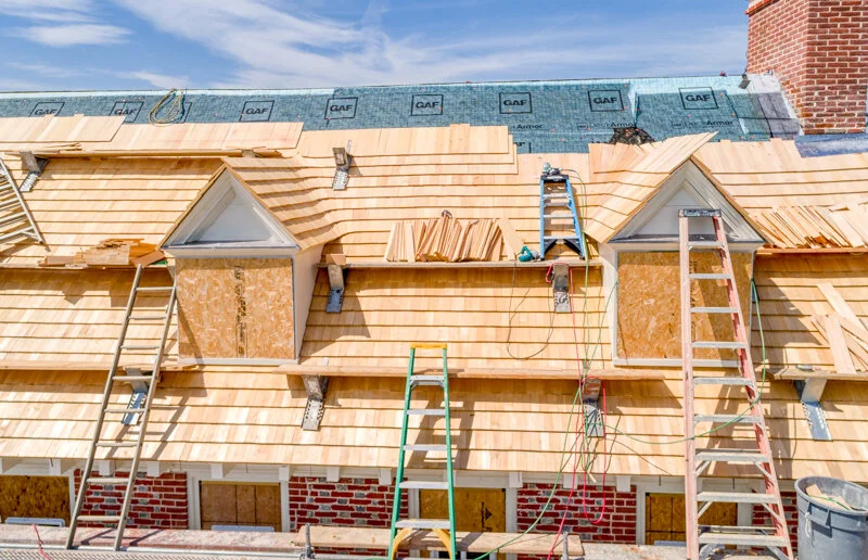 Process photo of the cloverfields main house dormer reconstruction. Phot by Pete albert, 2020.