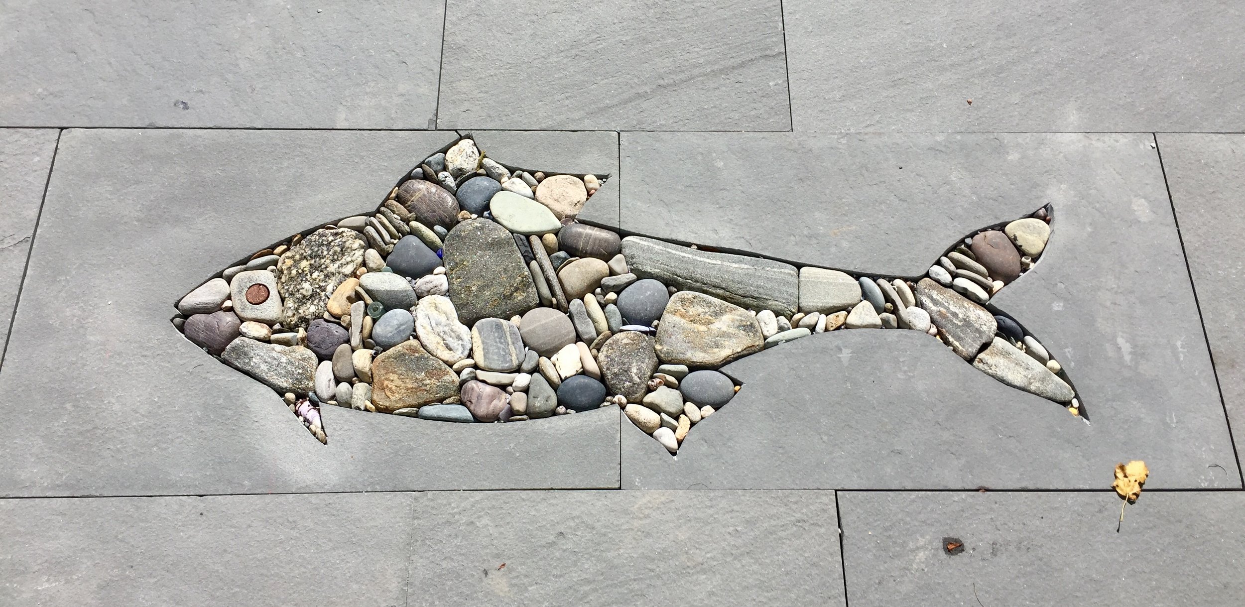  The fish a year after install. We used polymeric sand to hold the pebbles together and it’s working great. 