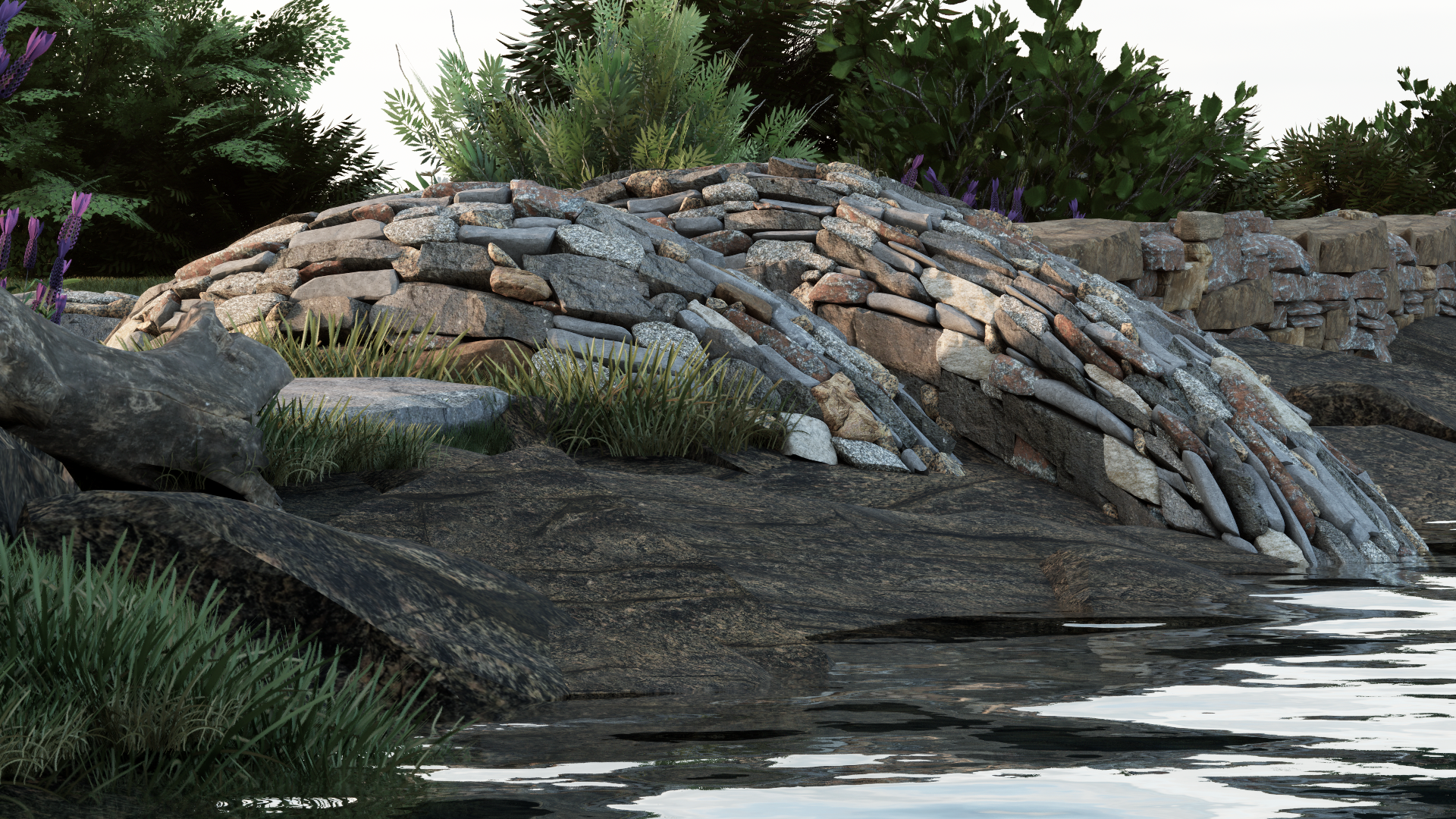 dry stone sculptural retaining wall. stone forms. dry laid stone. maine. joe norton. norton stoneworks