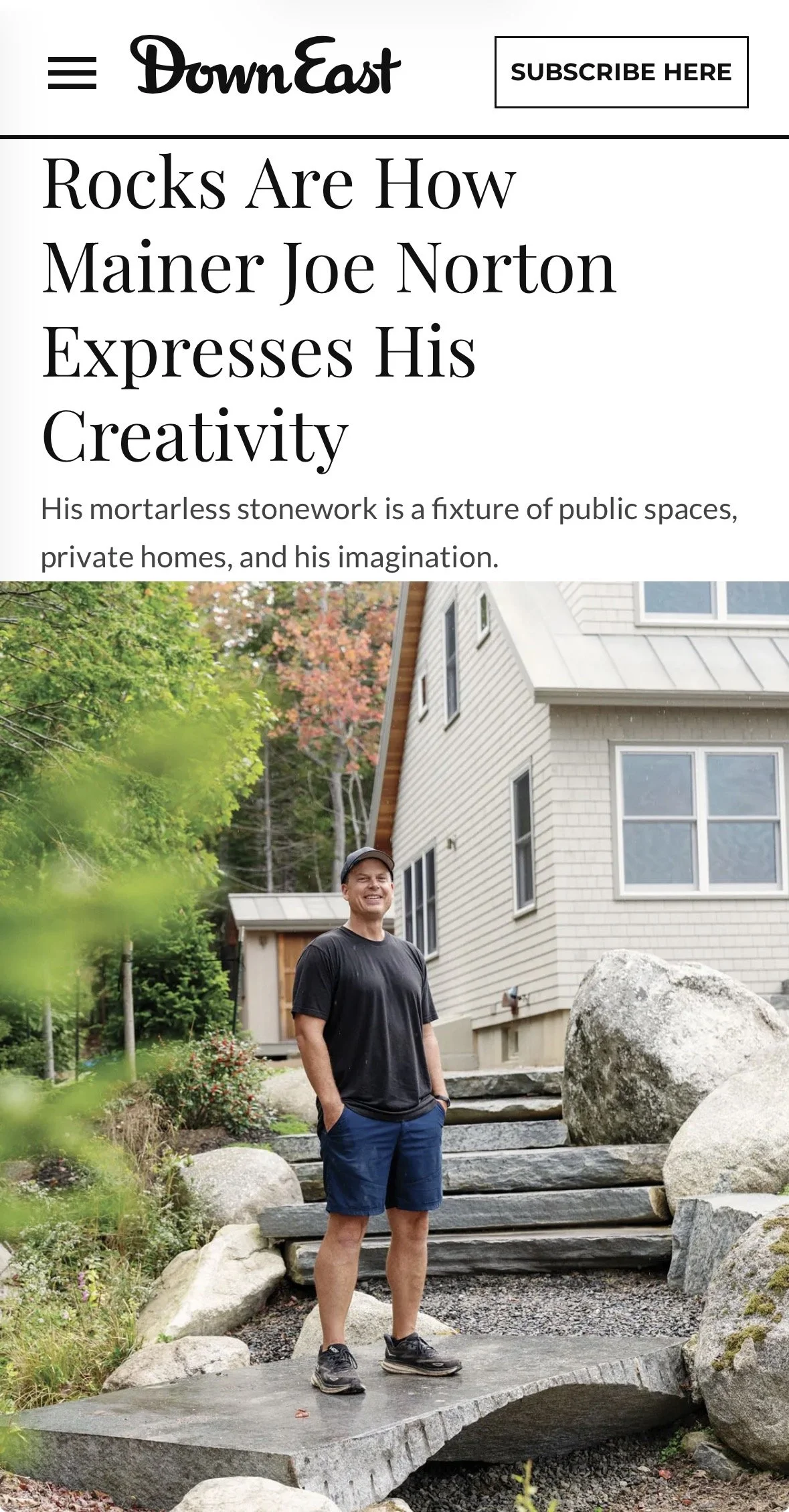 Joe Norton of Norton Stoneworks on the cover of Down East Magazine, an article exploring his stone work and creative thought process for building stone walls and stone sculptures in Maine