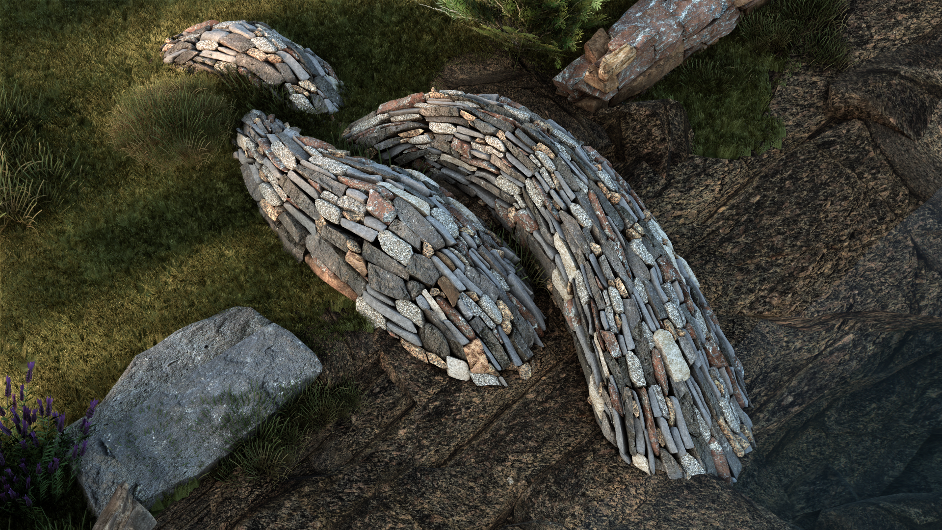 overhead view of a dry laid wall stone sculpture maine stone art by joe norton or norton stoneworks on the coast of maine