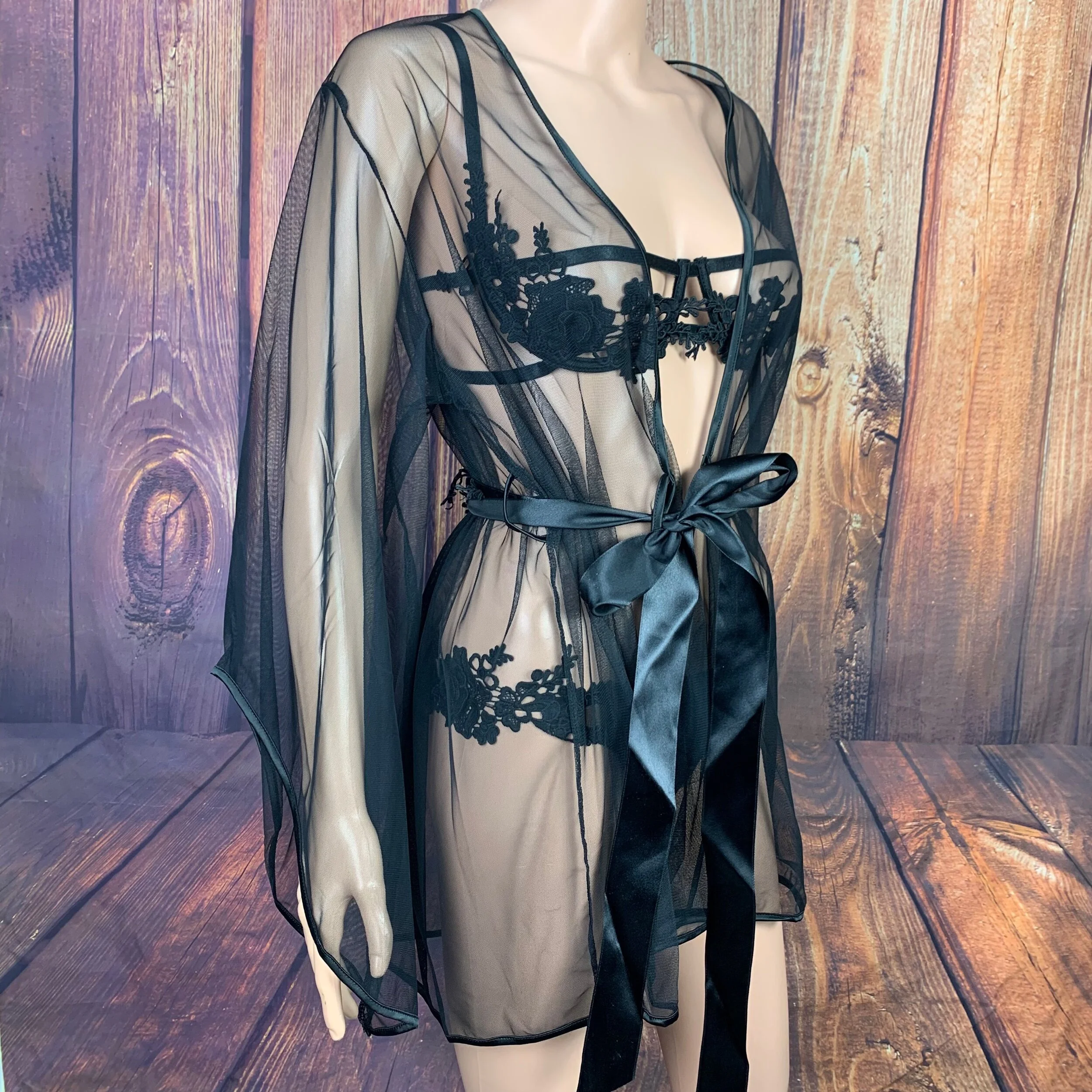 Black Sheer Embroidered Robe