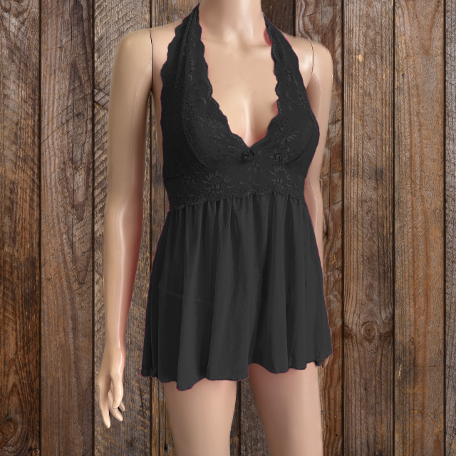 Double Layered Chantilly Lace Babydoll W-panty Black Lg main image 1