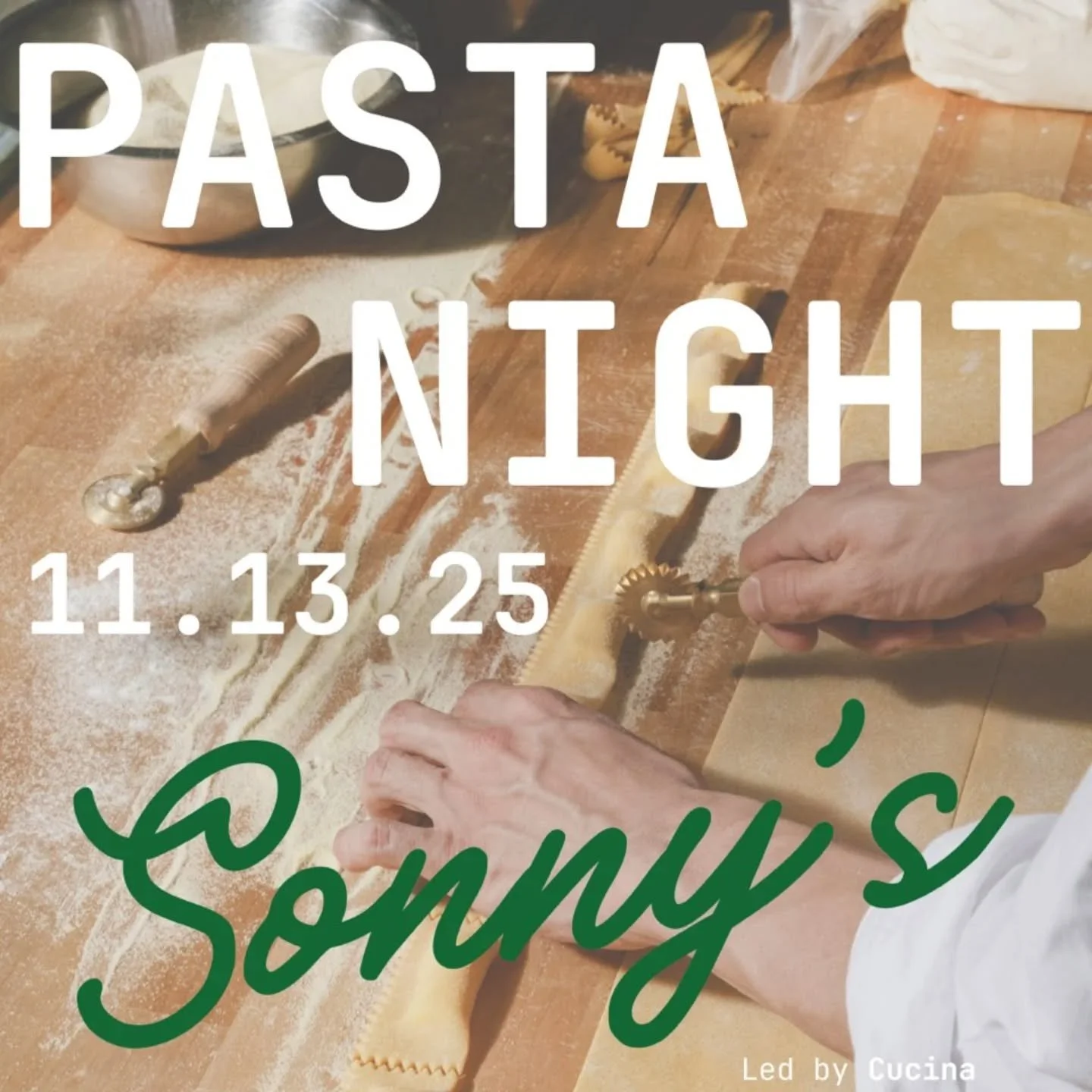 Pasta Night at Sonny's with Cucina Migrante !

Hands-on pasta class + coursed dinner &amp; wine pairing (3 hours)

Roll up your sleeves for an immersive, chef-led evening at Sonny&rsquo;s Pizza with Cucina Migrante. We&rsquo;ll welcome you with a dri