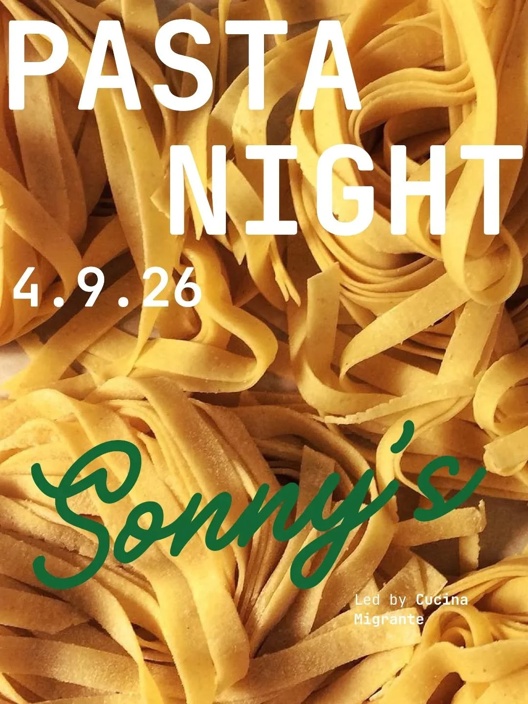 Sip, knead, shape, repeat. 🍝

Join an immersive, chef-led evening at Sonny's Pizza with Cucina Migrante where you learn to make pasta and then enjoy the results as part of a two-course dinner with wine pairings.

The event begins with a welcome drin
