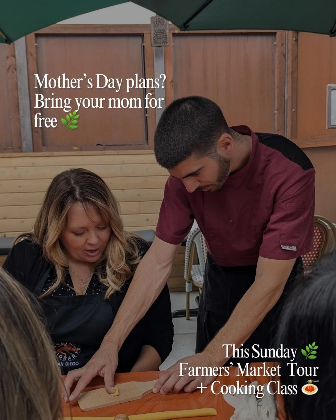 Still looking for a Mother&rsquo;s Day plan? 🌿

Join us this Sunday for a Farmers&rsquo; Market Tour + Social Cooking Class and bring your mom for free 👀

Fresh ingredients, hands-on cooking, good food, and a table full of connection 🍷

Limited sp
