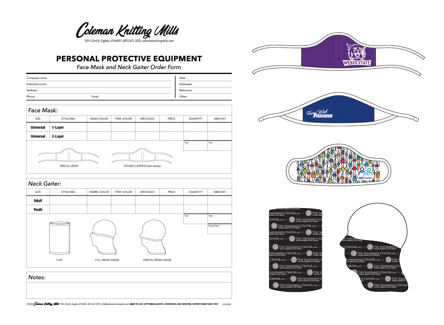 Personal Protective Equipment Order Form and Illustrations