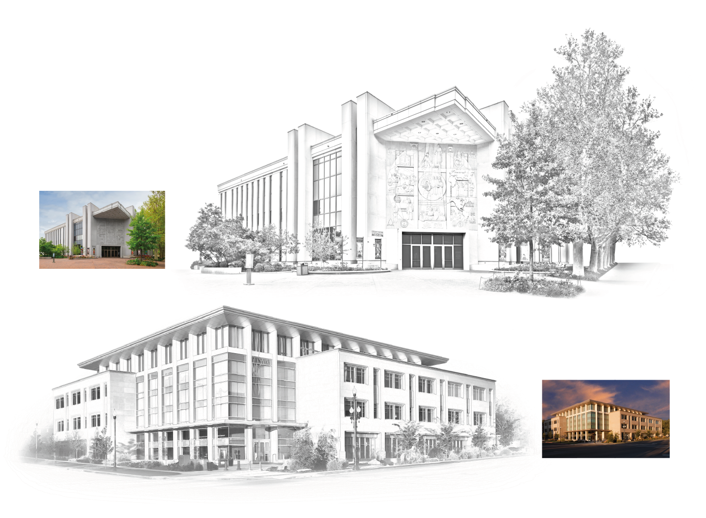 Before and After. Exterior photographs of the Church History Museum and Family History Library manipulated in Photoshop to simulate hand-drawn illustrations.