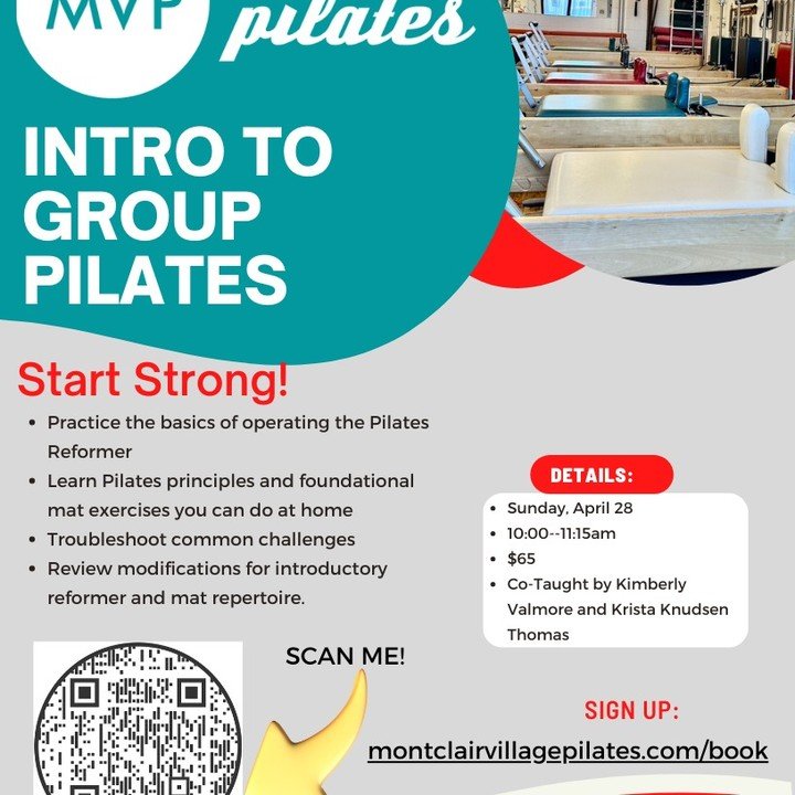 Intro to Group Pilates is being offered again! Join Kimberly &amp; Krista and launch your Pilates practice in a fun, supportive atmosphere. Sunday, April 28; 10am. Sign up via MVP website! #Introtopilates #pilatesreformer #montclairvillagepilates #oa