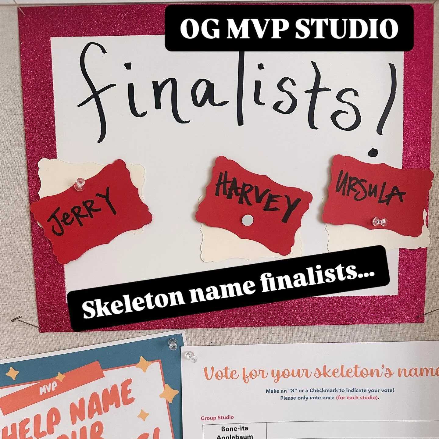 &hellip;aaaand here they are! The nominees for Skeleton name, MVP OG Studio, are: Jerry. Harvey. Ursula. Vote below or in person at either studio!