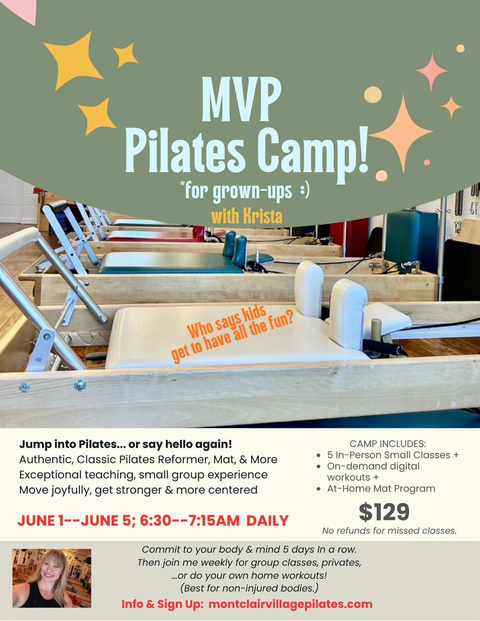 Hey Early Birds &amp; Pilates Newbies! Want an intense immersion in high-quality, legit Pilates? Join Krista June 1 through 5, 6:30am EVERY DAY! Yes, there's Reformer. But also! Mat. Wunda Chair. Tower. All of it. Talk about getting strong! 

Who's i