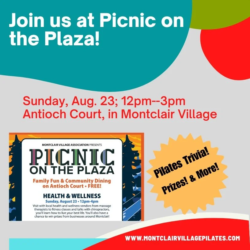 This Sunday! It's the Picnic in the Plaza, yay! Just in front of our "OG" private studio on Antioch Court in Montclair Village, we're going to be talking Pilates and learning about health &amp; wellness. You may even win a prize! #montclair