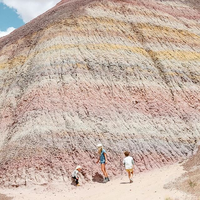 I call these the rainbow sherbet rocks🍦 Our boat rental for Lake Powell was pushed back until tomorrow because of the wind advisory out on the lake, so we decided to find some hikes nearby and I&rsquo;m so glad we did! These rock formations were so 