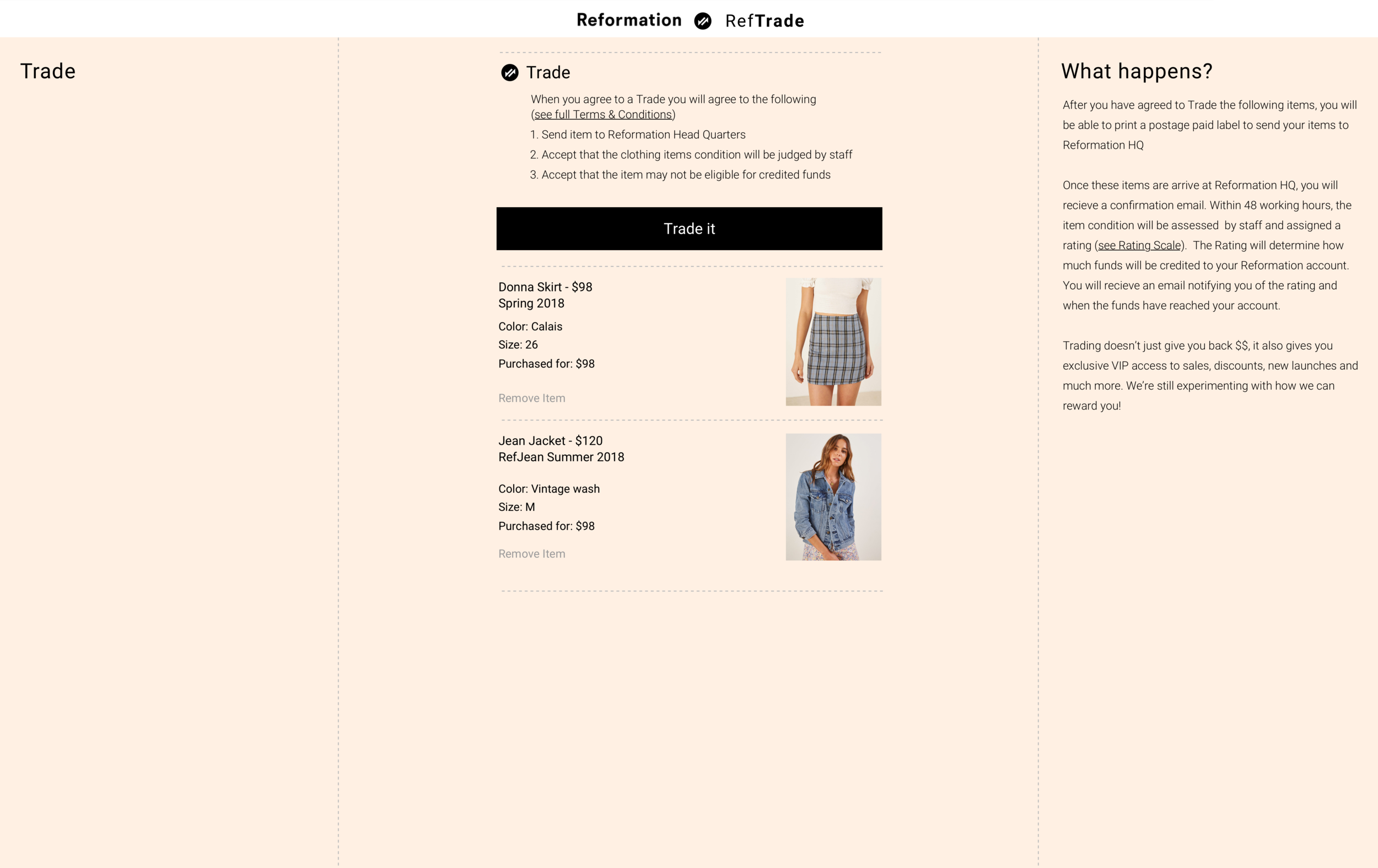WF03: Users are taken to a similar experience to shopping however is branded in a slightly different colour. Details of the trade are displayed on the right