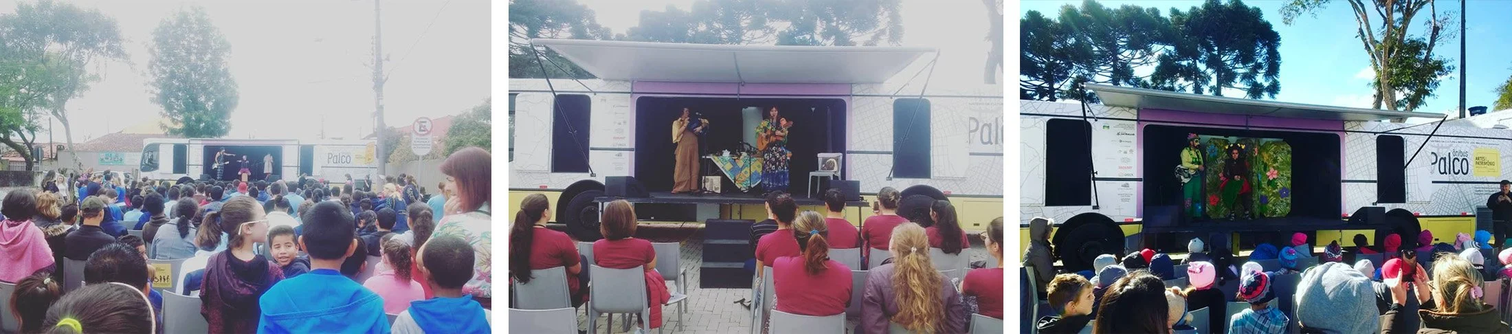  Art stage bus on action on Curitiba’s neighbourhoods - photos: Instagram @onibusdacultura      Exhibition design, brand identity, digital design: Andrea Malanski  Original idea, curation and research: Janine Malanski  Coordination: Lucia Casillo Mal