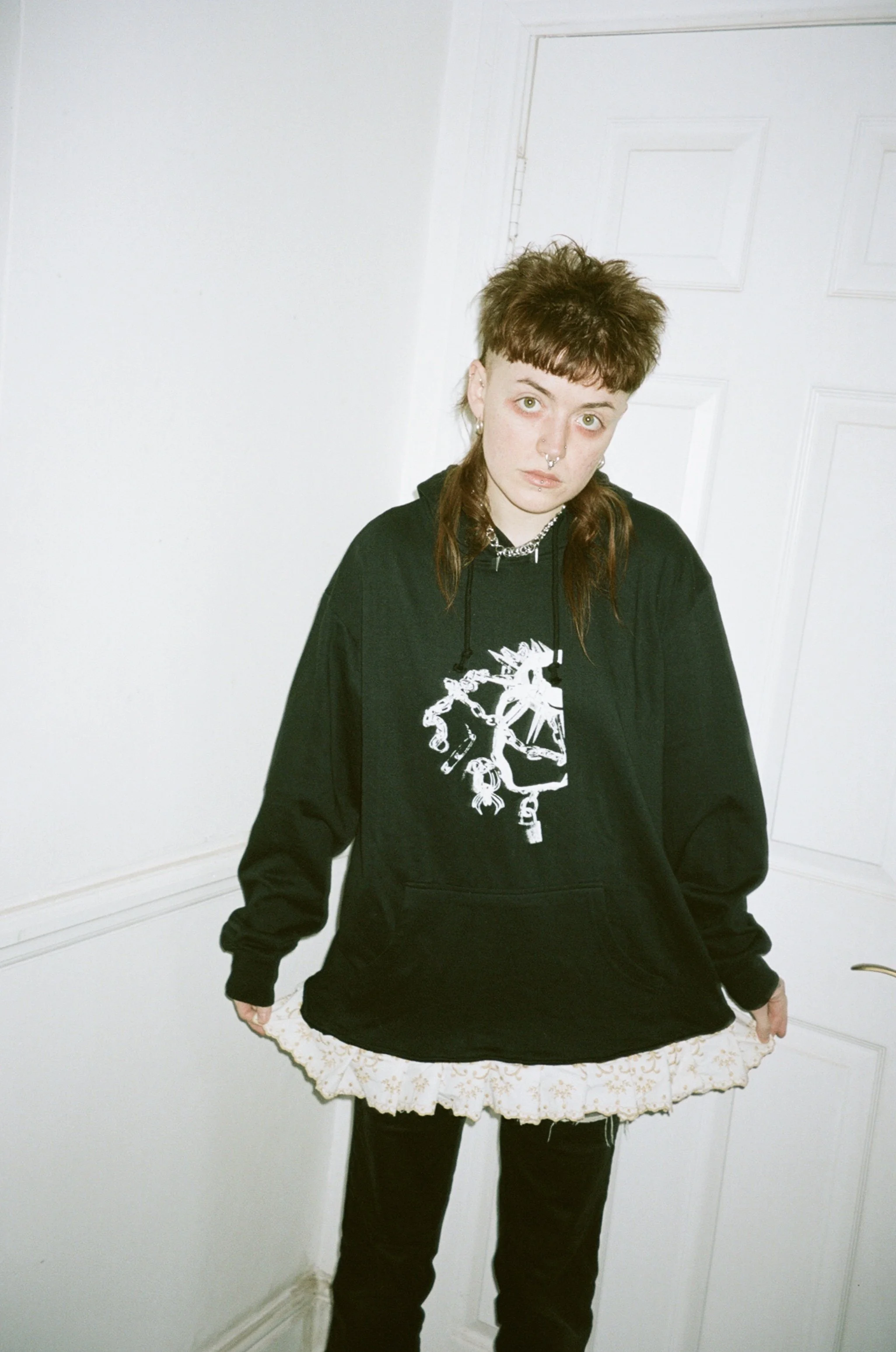 Screenprint Hoodie with Frill Hem