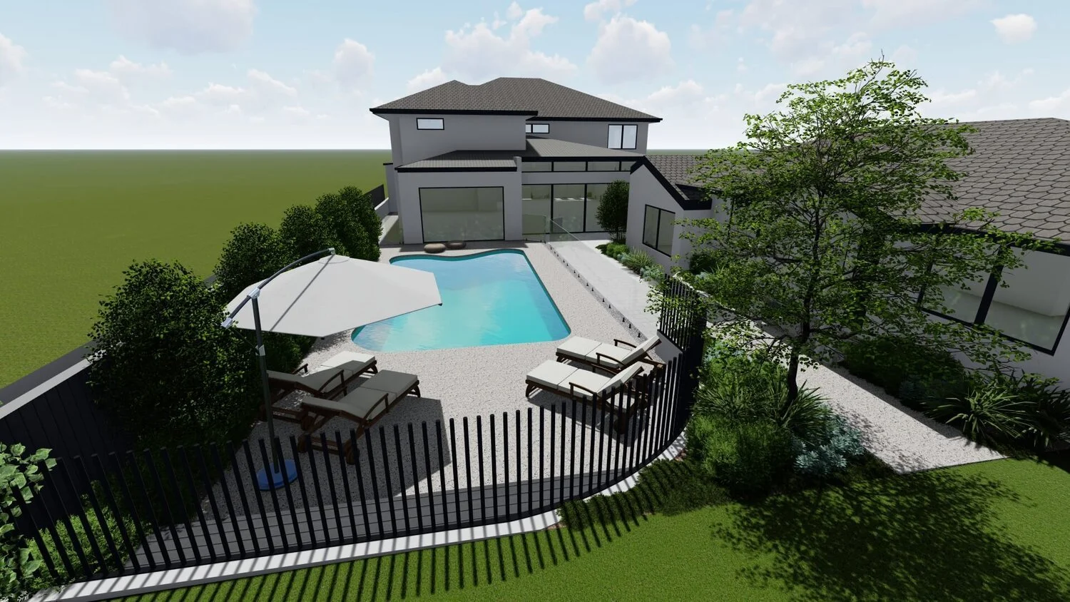 3D rendering of a backyard with a swimming pool, surrounded by lounge chairs, an umbrella, trees, and a modern house with large windows.